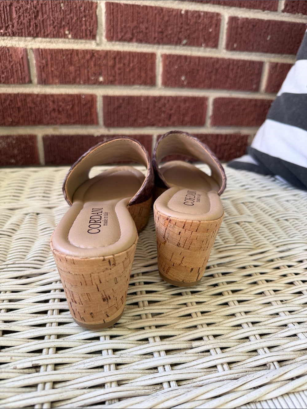 Cordani Chocolate Brown Woven Cork Wedge Slides - Picture 2 of 6